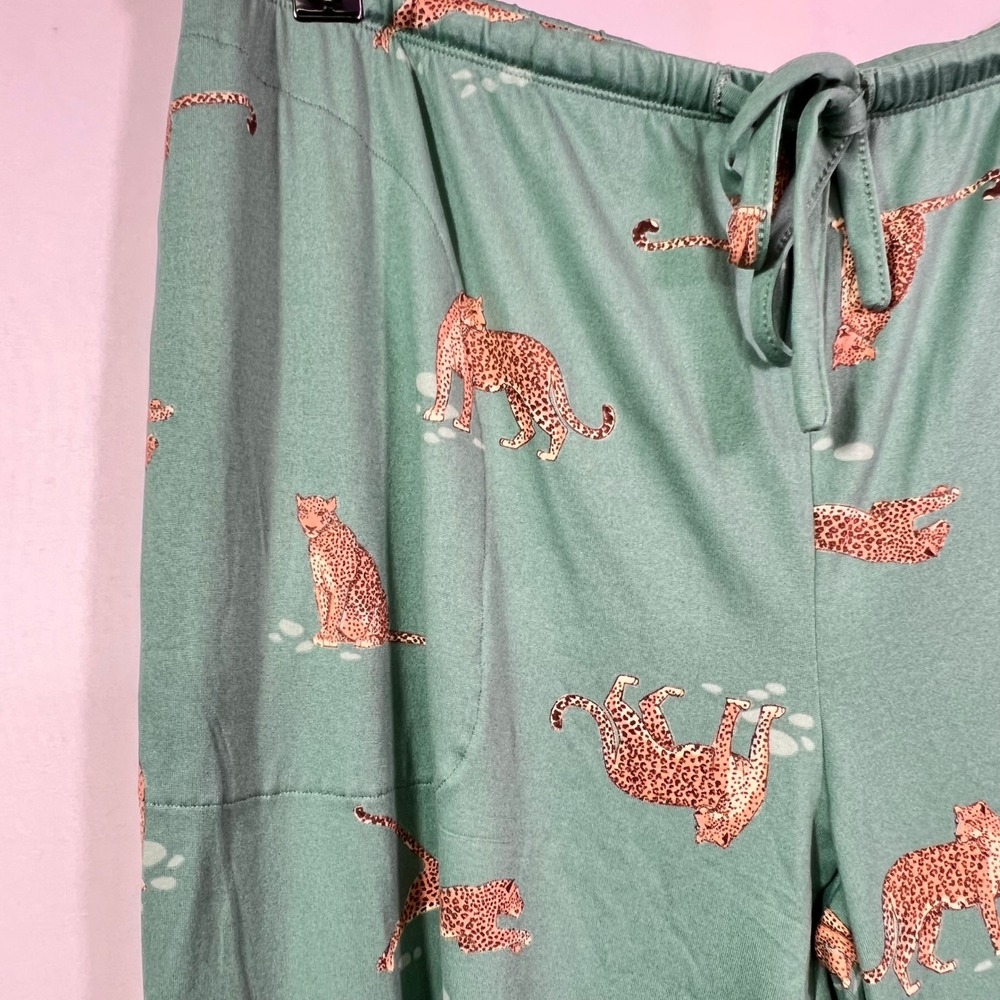 Flora Nikrooz Teal Leopard Print Henley Pajama Set Lace Trim 2 Piece Loungewear - Picture 8 of 12
